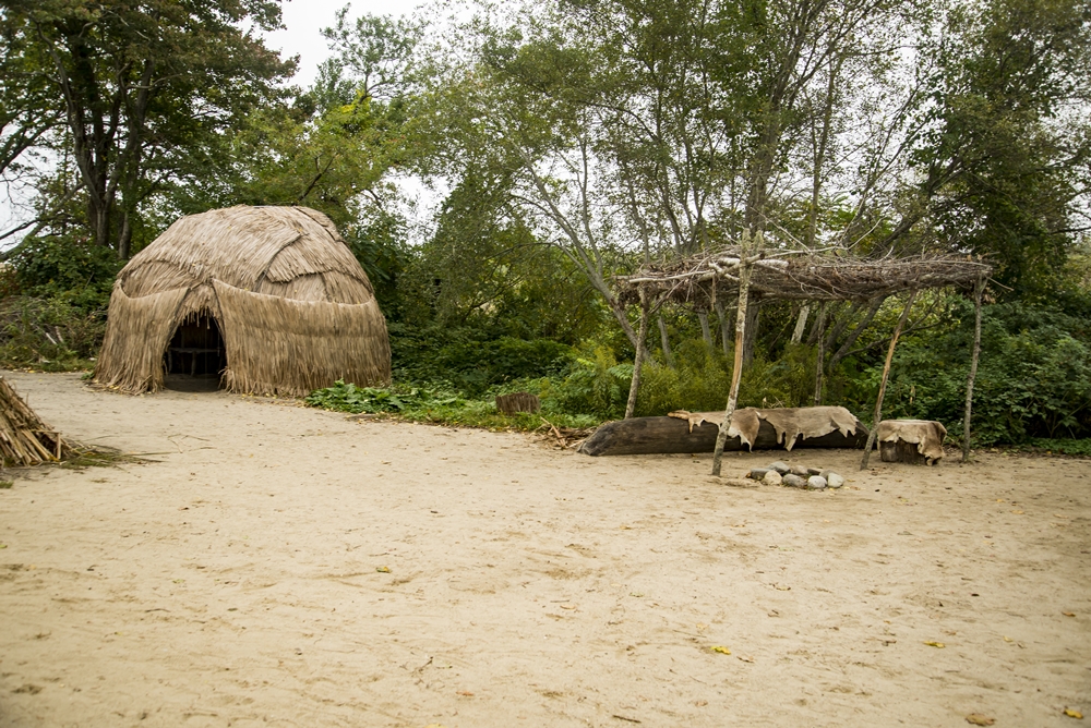 A Wampanoag hut at the Plimoth Patuxet, a living history museum in Plymouth, Mass.