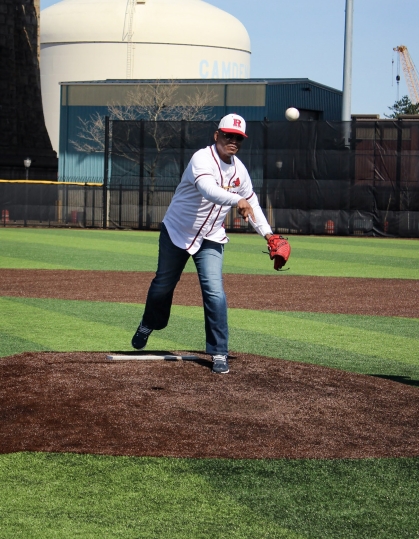 Chancellor Tillis throws out the first pitch on April 2 on the very diamond where the Scarlet Raptors baseball squad will now play all their home games.